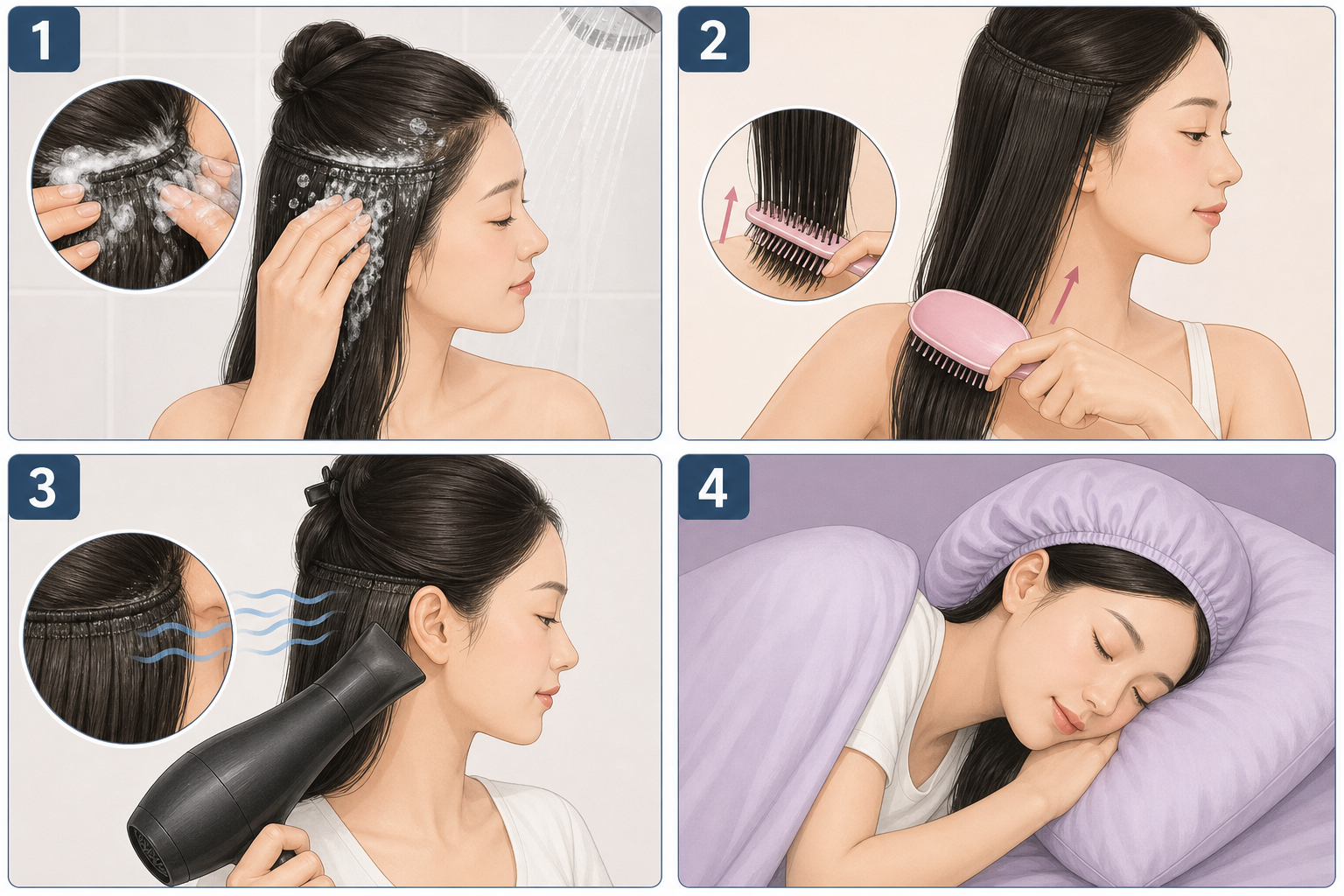 Người phụ nữ đang gội, chải, sấy tóc và ngủ với tóc dài trong bốn khung cảnh sinh hoạt khác nhau.