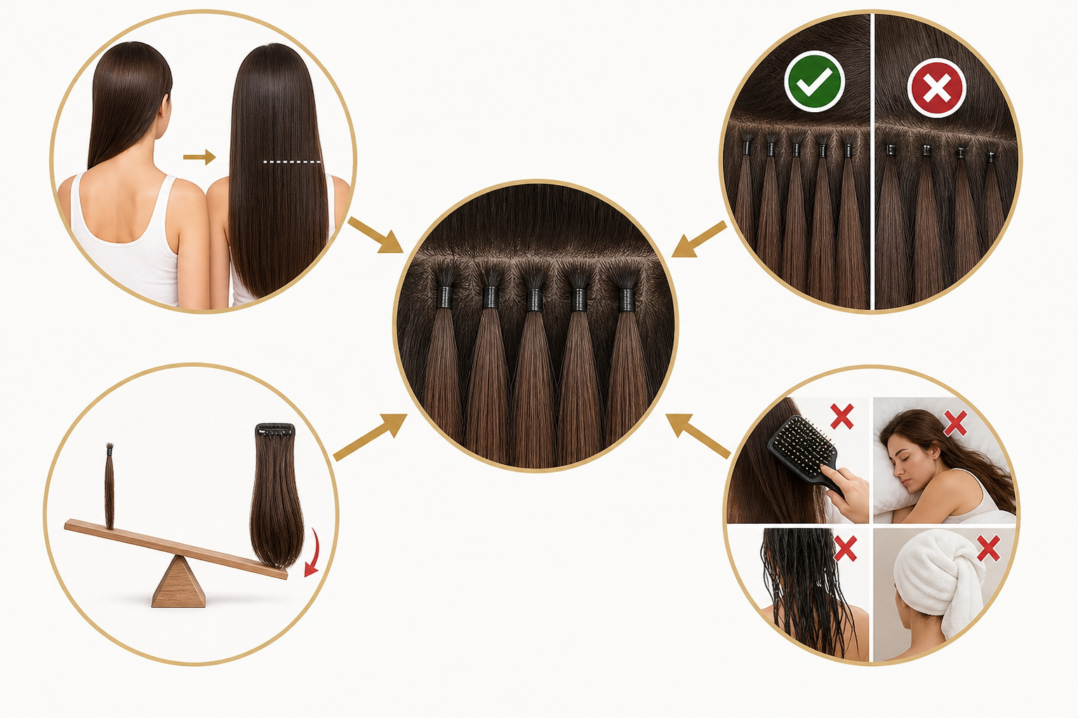 Sơ đồ so sánh tóc nối dài, các mối nối và những thói quen chăm sóc tóc có thể ảnh hưởng đến độ bền của tóc nối không