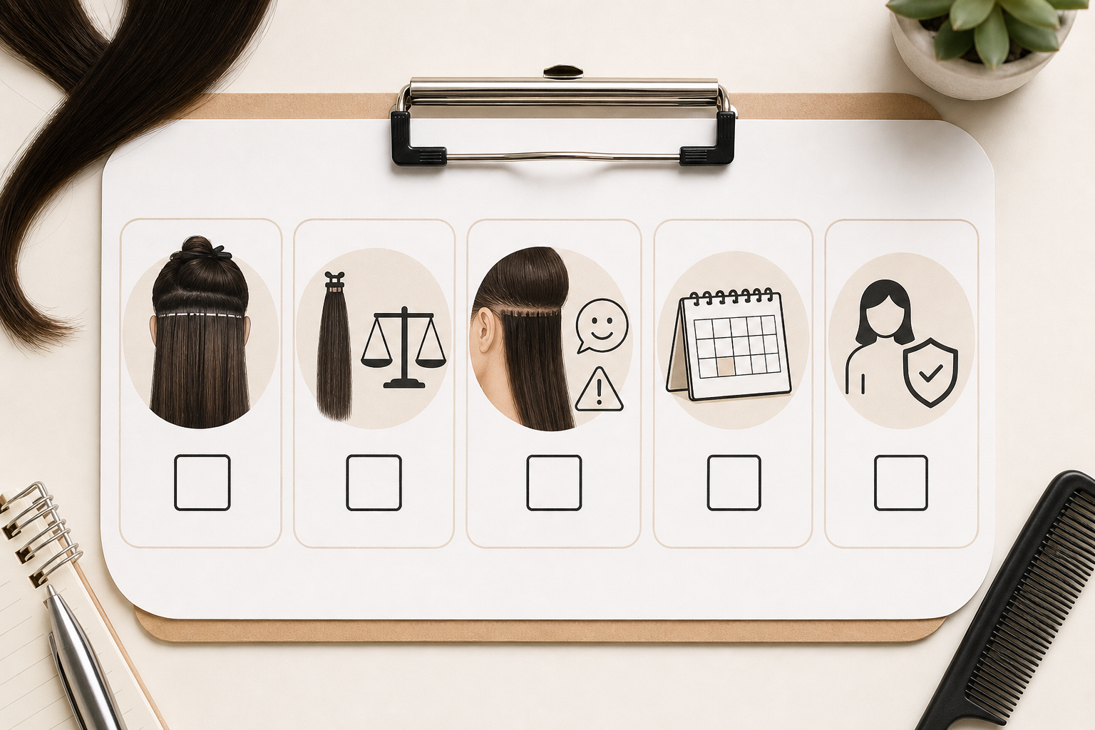 Bảng checklist về nối tóc với các biểu tượng tóc, cán cân, lịch và dấu kiểm trên mặt giấy kẹp clipboard