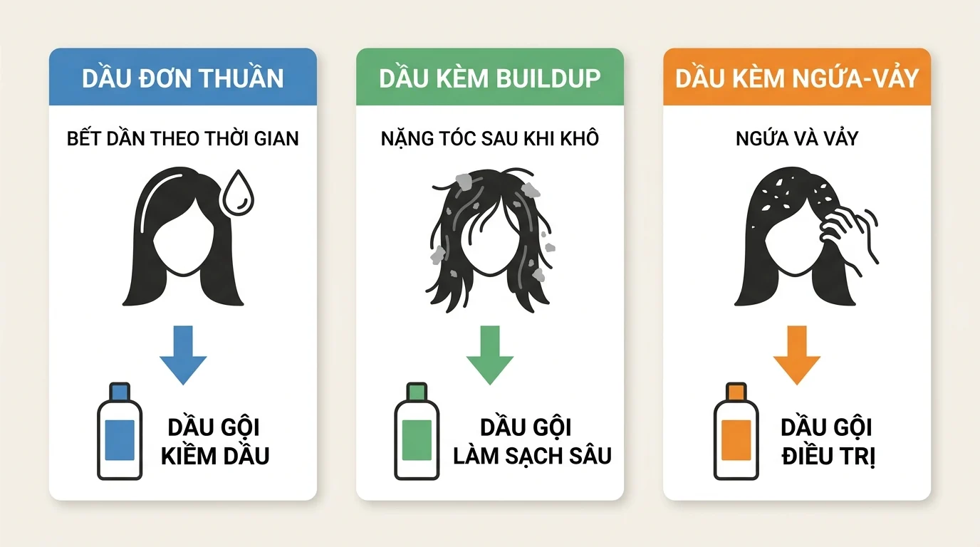 Ba bảng phân loại tình trạng da đầu với biểu tượng tóc và mũi tên xuống dầu gội kiềm dầu, làm sạch sâu, điều trị