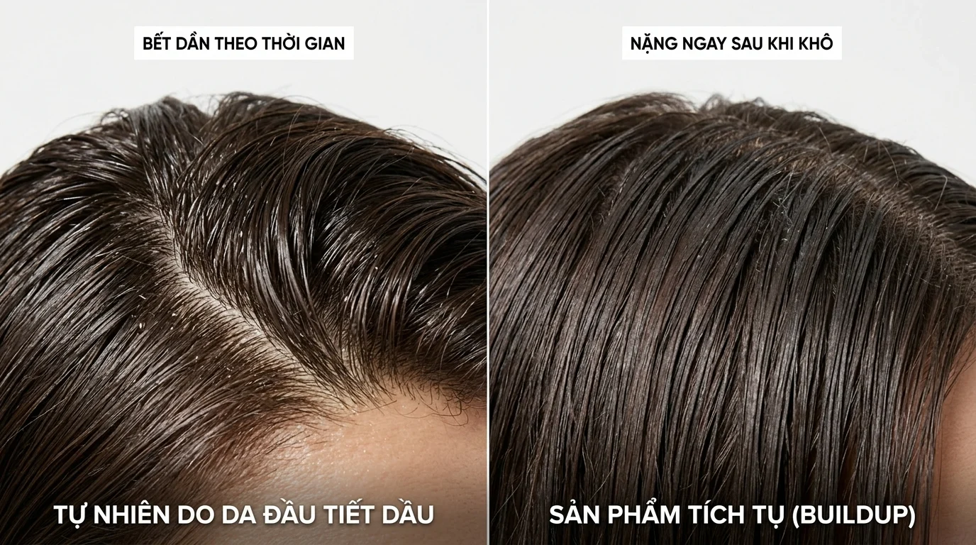 Ảnh chia đôi cho thấy tóc mái đầu khác nhau, một bên bóng và bết dần theo thời gian, bên kia nặng ngay sau khi khô.