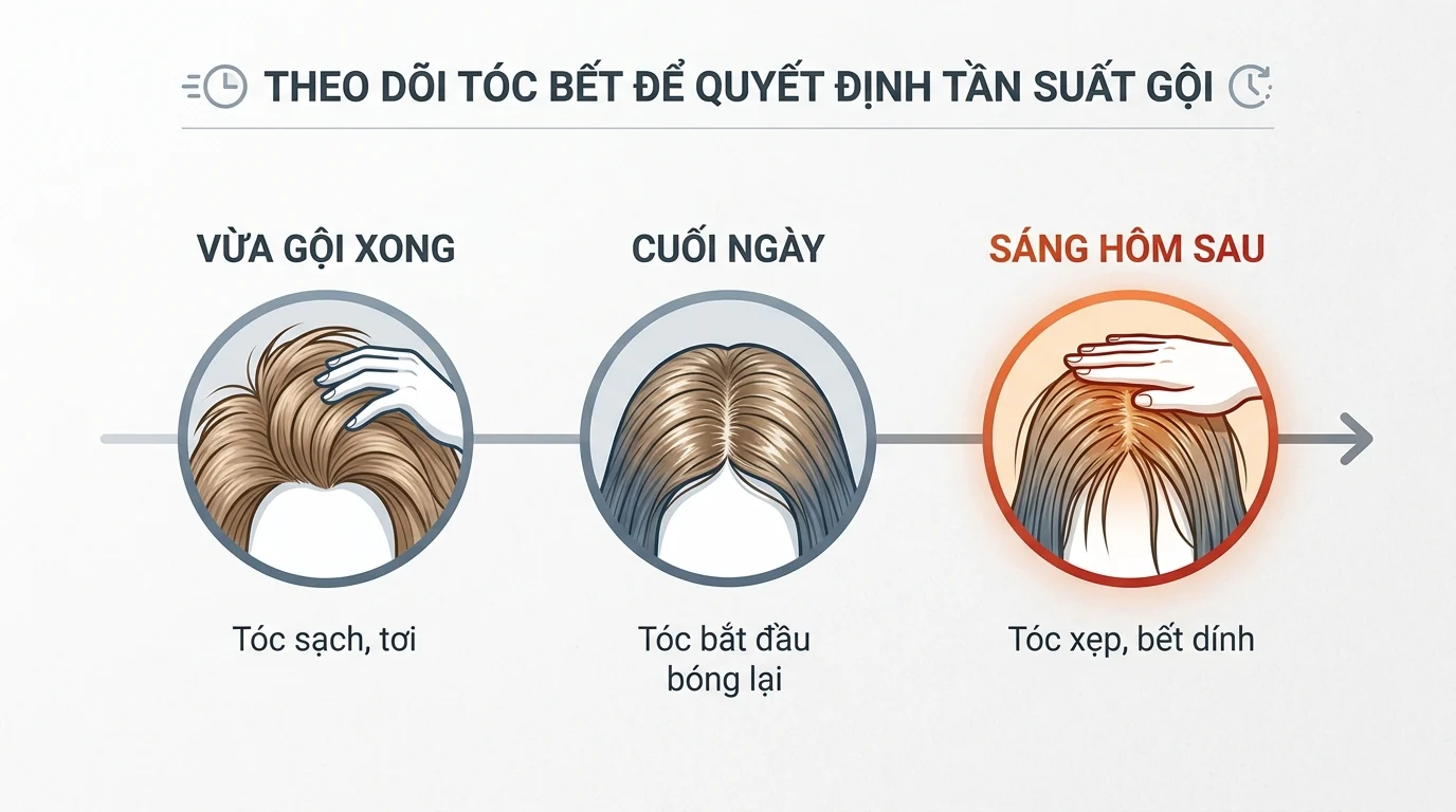 Sơ đồ ba mốc thời gian cho thấy tóc từ sạch, tơi sau khi gội đến bắt đầu bóng lại và xẹp bết vào sáng hôm sau.