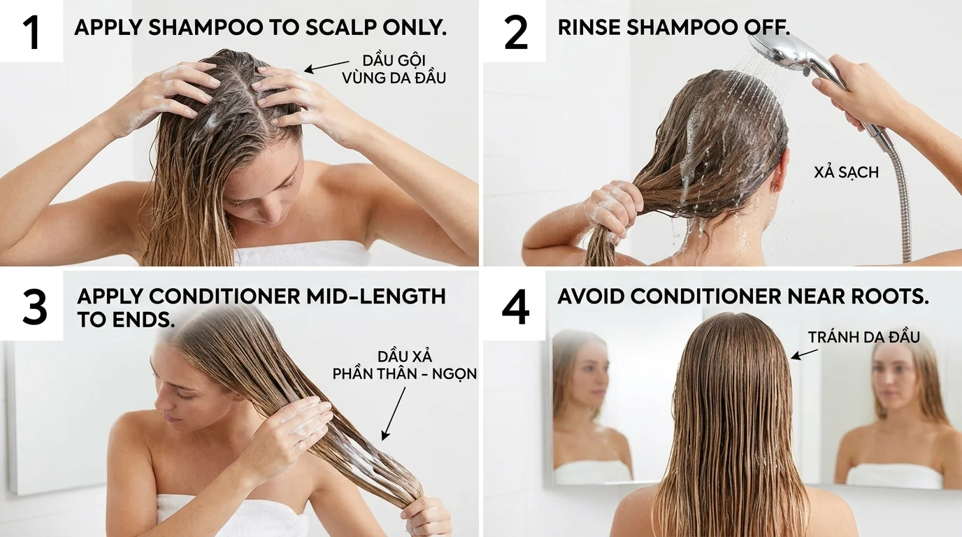 Người phụ nữ đang gội đầu, xả tóc và thoa dầu xả cho phần thân tóc đến ngọn, trong ảnh có các bước chăm sóc tóc.