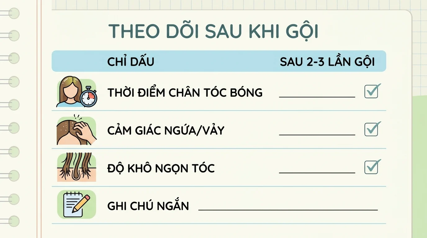 Bảng checklist theo dõi sau khi gội với các mục chân tóc bóng, ngứa vảy, độ khô ngọn tóc và ghi chú ngắn.