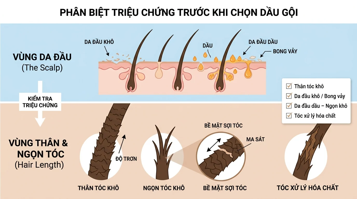Sơ đồ so sánh vùng da đầu khô, da đầu dầu, thân tóc khô và tóc xử lý hóa chất để chọn dầu gội cho tóc khô xơ