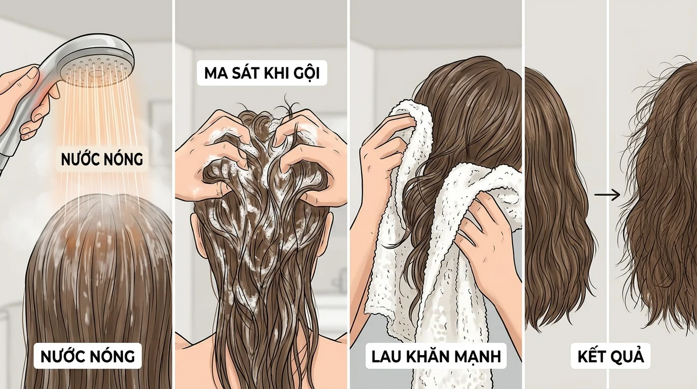 Minh họa tóc ướt bị gội bằng nước nóng, chà xát mạnh và lau khăn mạnh trước khi khô xơ hơn