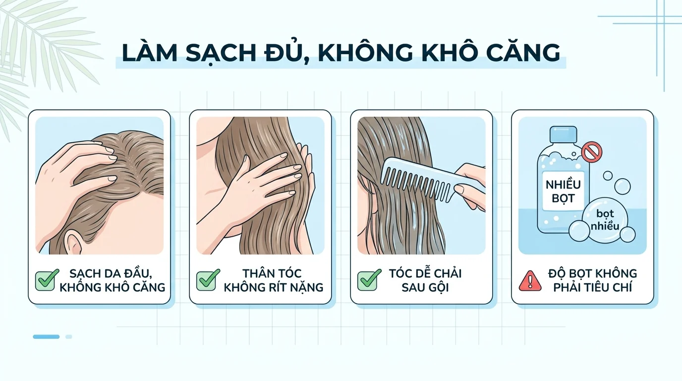 Infographic về dầu gội cho tóc khô xơ với các bước chạm da đầu, vuốt tóc và chải tóc sau gội, kèm lưu ý về độ bọt