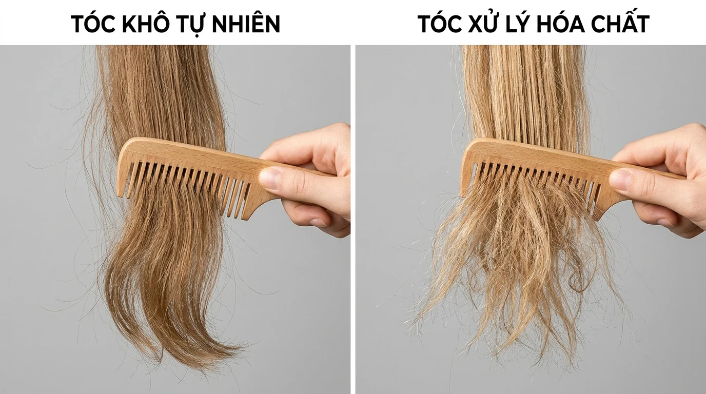 So sánh tóc khô tự nhiên và tóc xử lý hóa chất đang được chải bằng lược gỗ trên nền xám.
