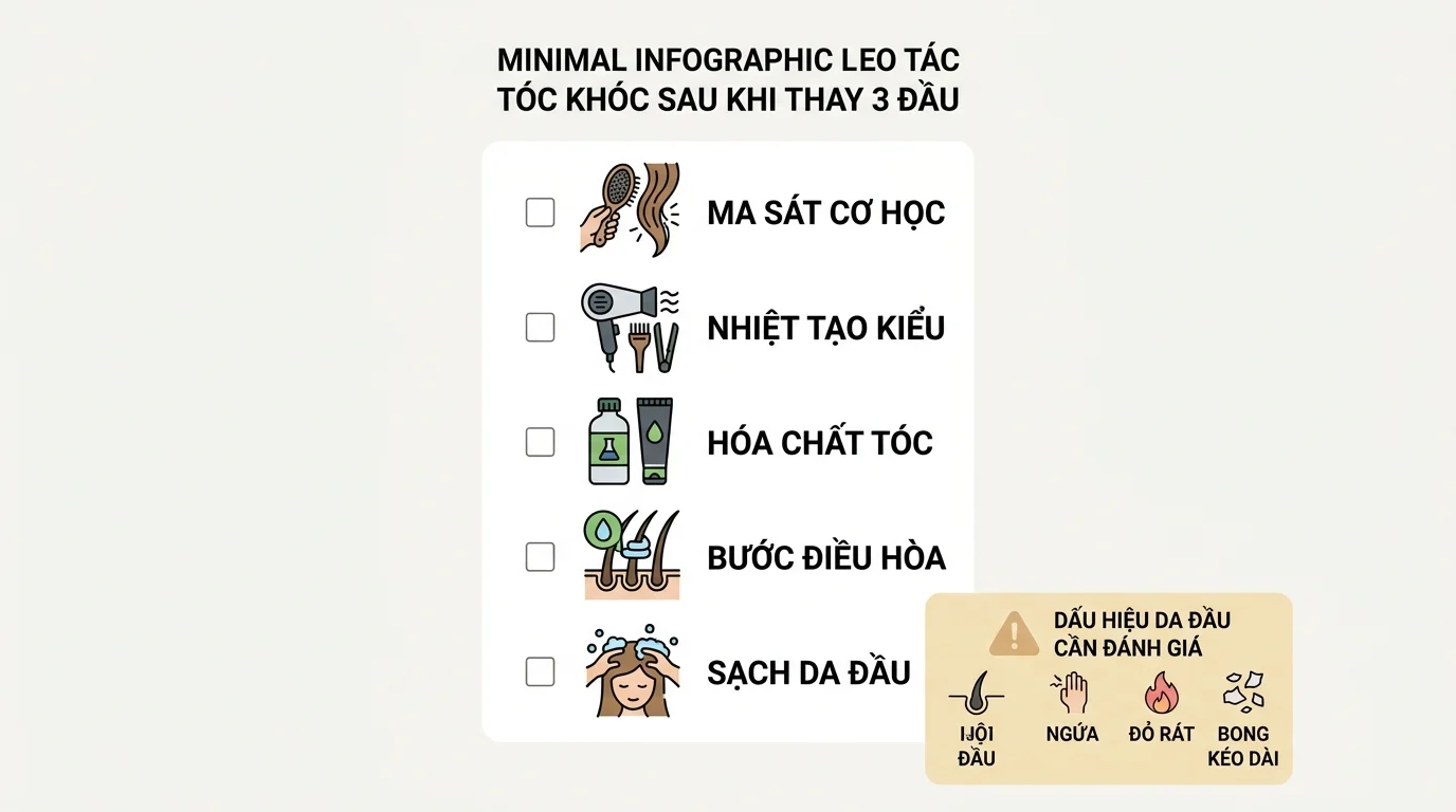 Bảng checklist về tóc khô sau khi đổi dầu gội, với các mục ma sát cơ học, nhiệt tạo kiểu, hóa chất tóc, bước điều hòa và sạch da đầu.