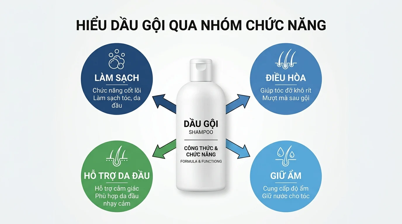 Chai dầu gội màu trắng ở giữa, xung quanh là bốn vòng tròn nêu các nhóm chức năng làm sạch, điều hòa, giữ ẩm và hỗ trợ da đầu.