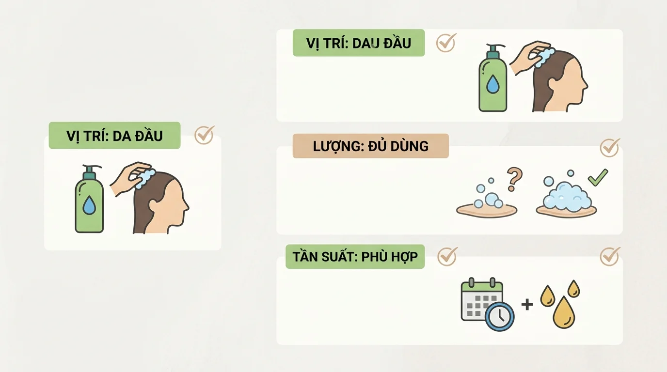 Sơ đồ minh họa cách dùng dầu gội với vị trí thoa trên da đầu, lượng dùng đủ và tần suất phù hợp.