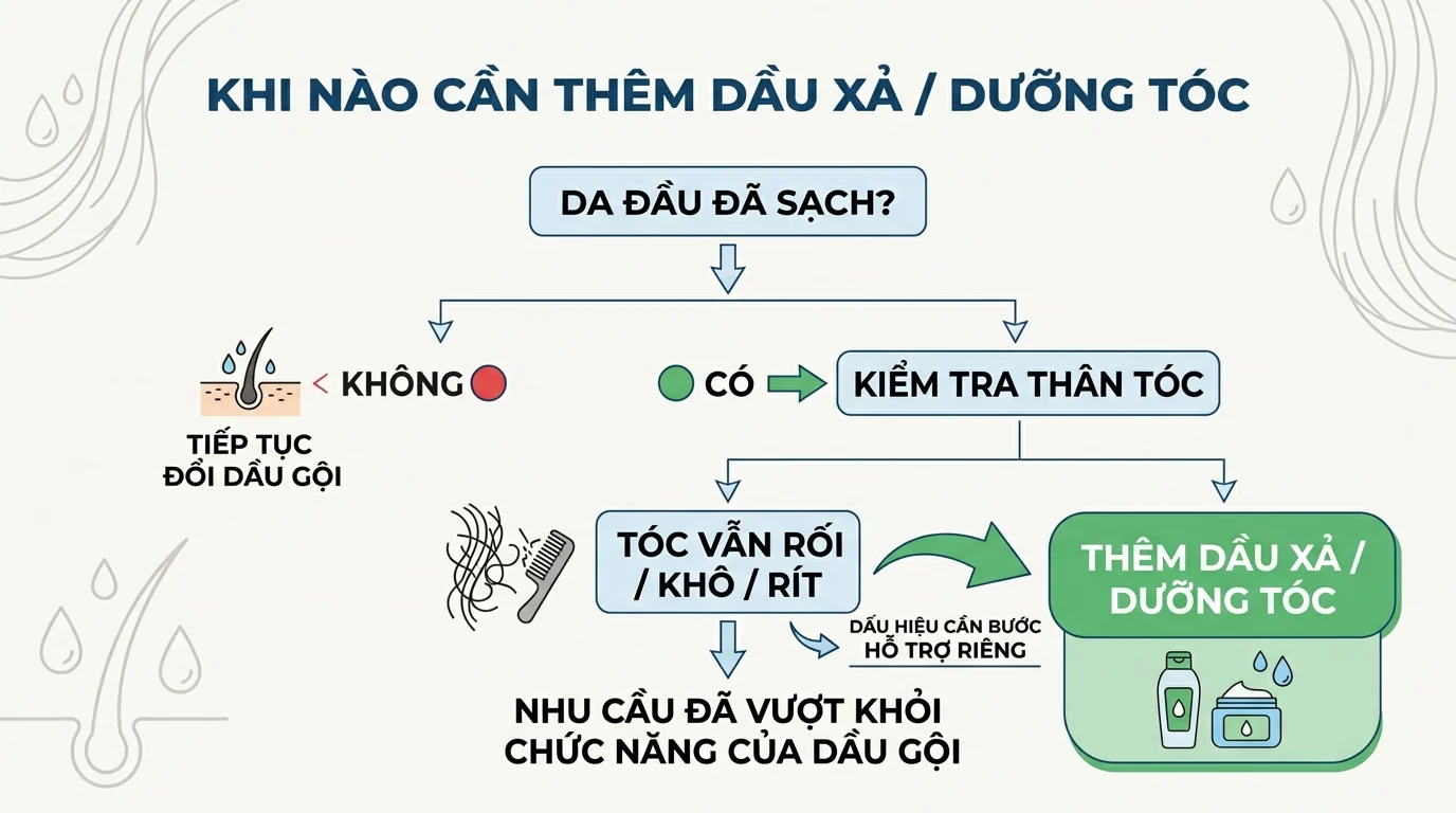 Sơ đồ tiếng Việt về việc thêm dầu xả hoặc dưỡng tóc, với các bước kiểm tra da đầu và tóc khô, rít.