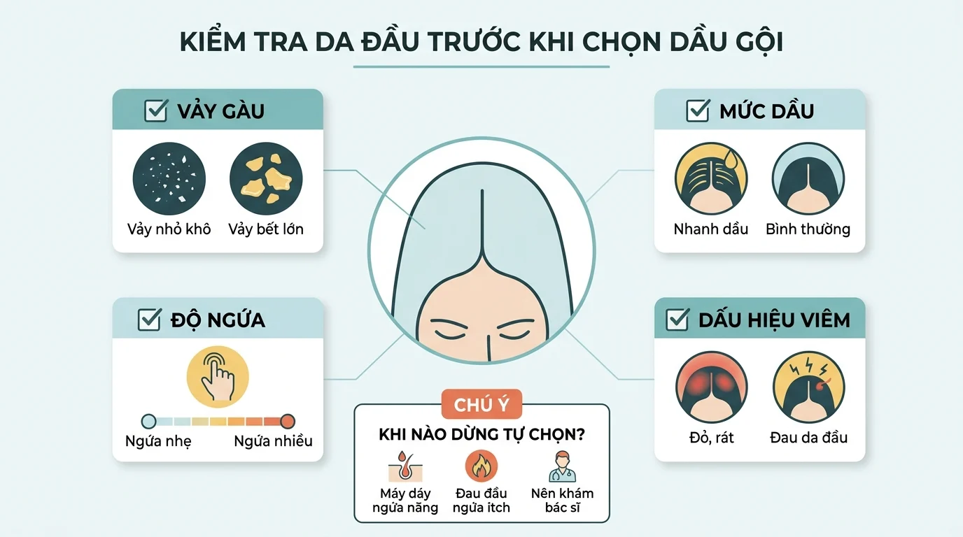Infographic kiểm tra da đầu với các dấu hiệu gàu, mức dầu, độ ngứa và dấu hiệu viêm trước khi chọn dầu gội trị gàu.