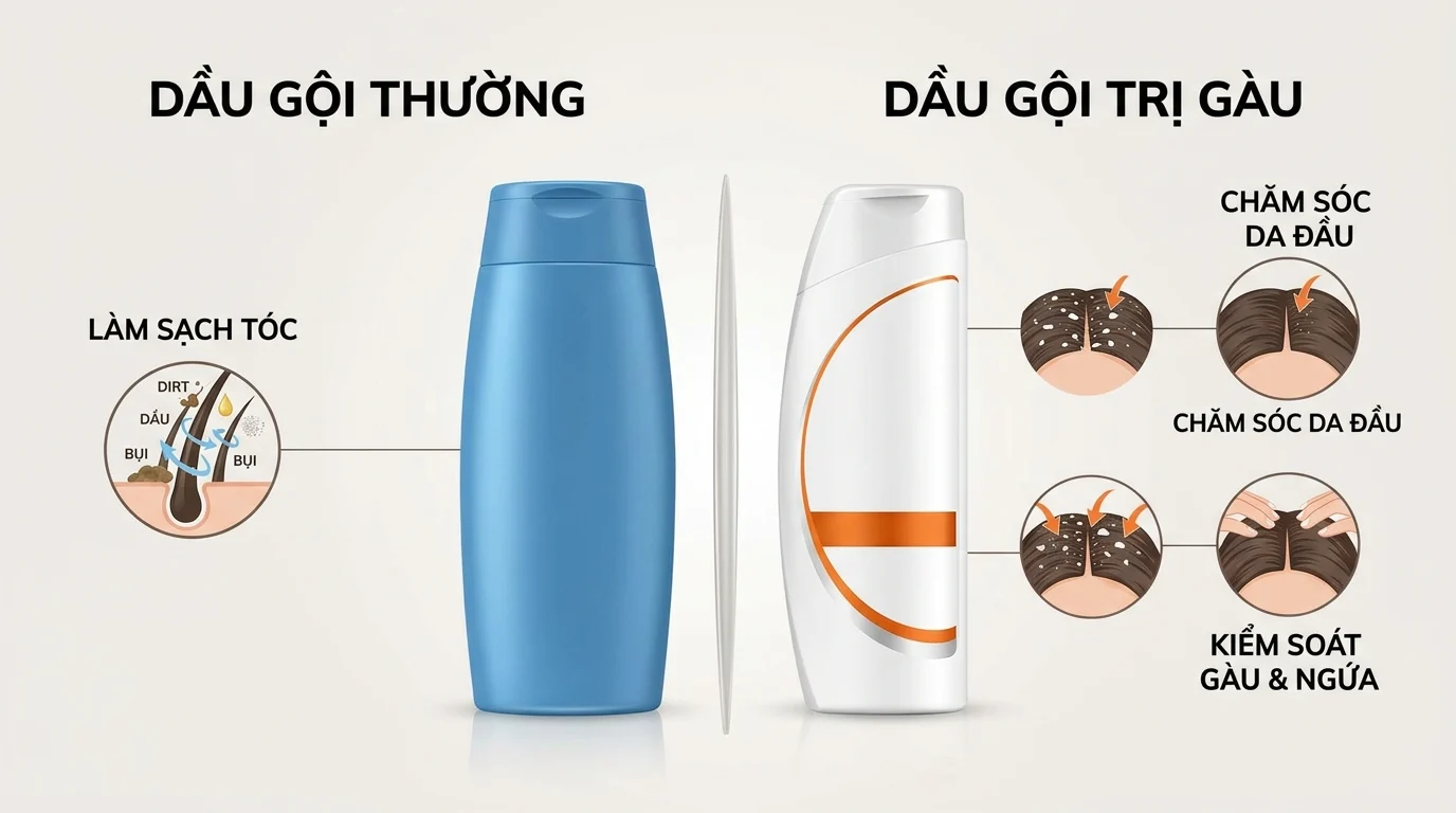 So sánh chai dầu gội thường màu xanh và dầu gội trị gàu màu trắng, kèm các biểu tượng da đầu và gàu.