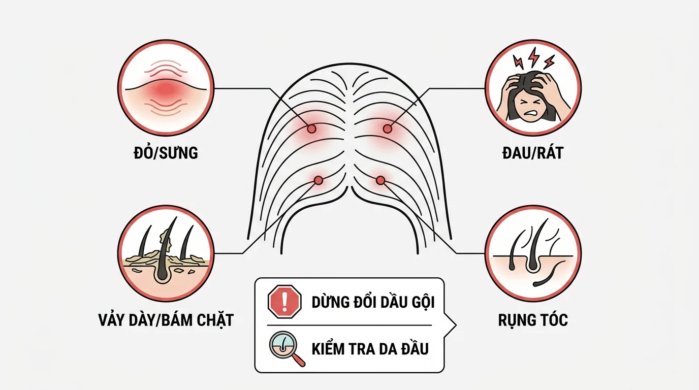 Sơ đồ da đầu có vùng đỏ kèm các biểu tượng cho thấy đau, vảy dày bám chặt và rụng tóc, gợi ý dầu gội trị gàu chưa đủ.