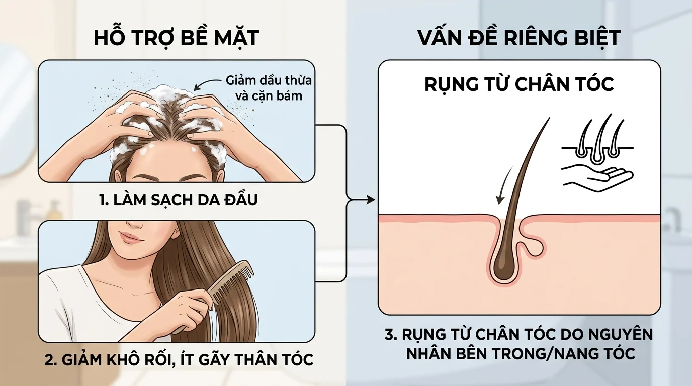 Minh họa người gội đầu và chải tóc, kèm sơ đồ về dầu gội trị rụng tóc chỉ hỗ trợ bề mặt và giảm gãy rụng.