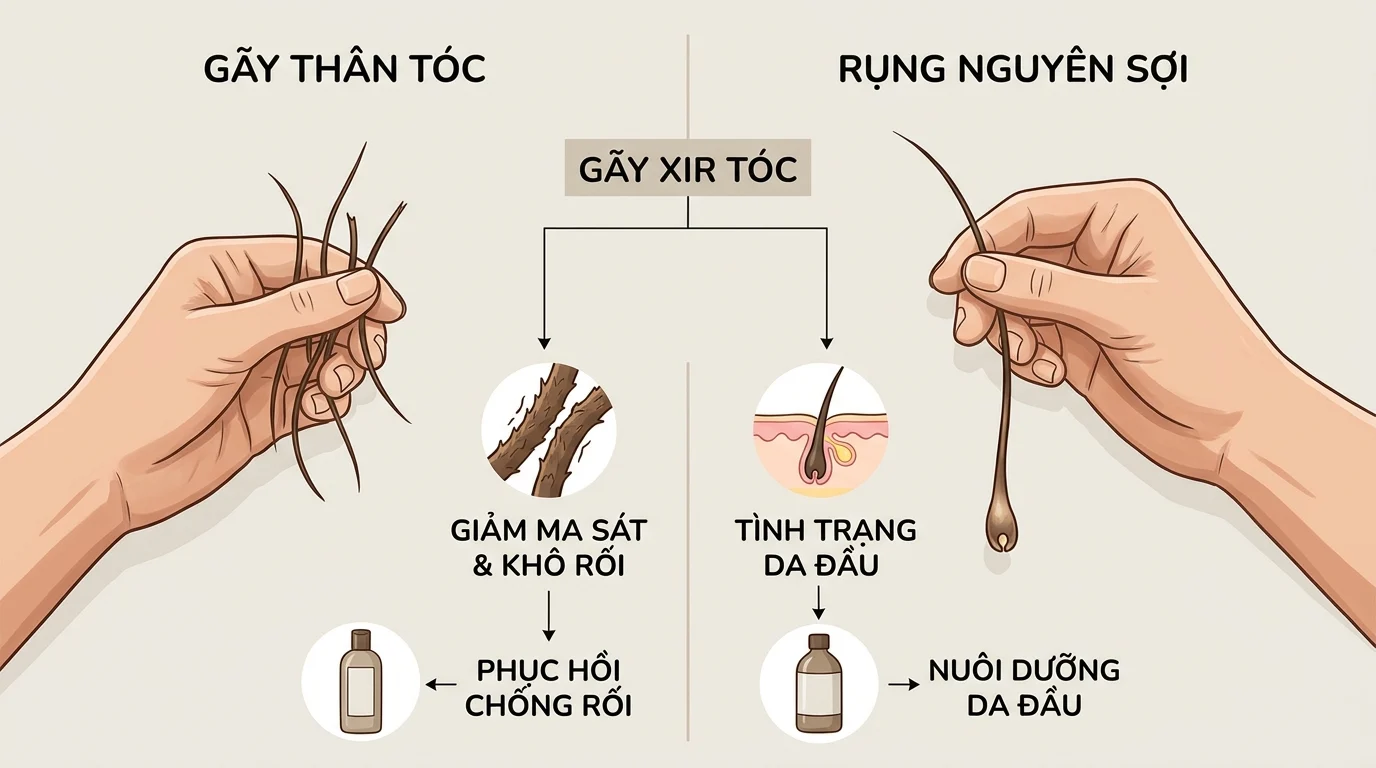 Hai bàn tay cầm tóc rụng minh họa sự khác nhau giữa gãy thân tóc và rụng nguyên sợi, kèm các biểu tượng da đầu.