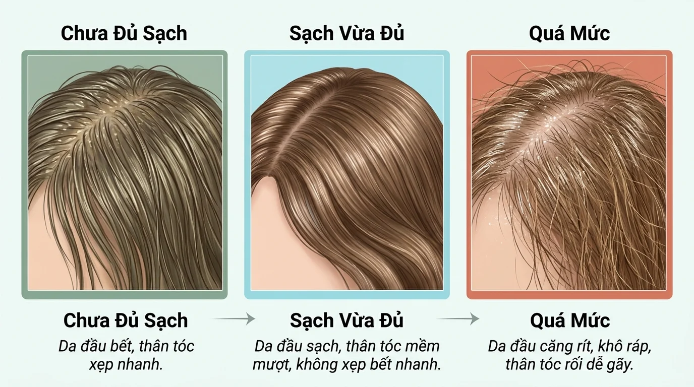 Ba khung minh họa phần tóc và da đầu với mức làm sạch khác nhau: chưa đủ sạch, sạch vừa đủ và quá mức.