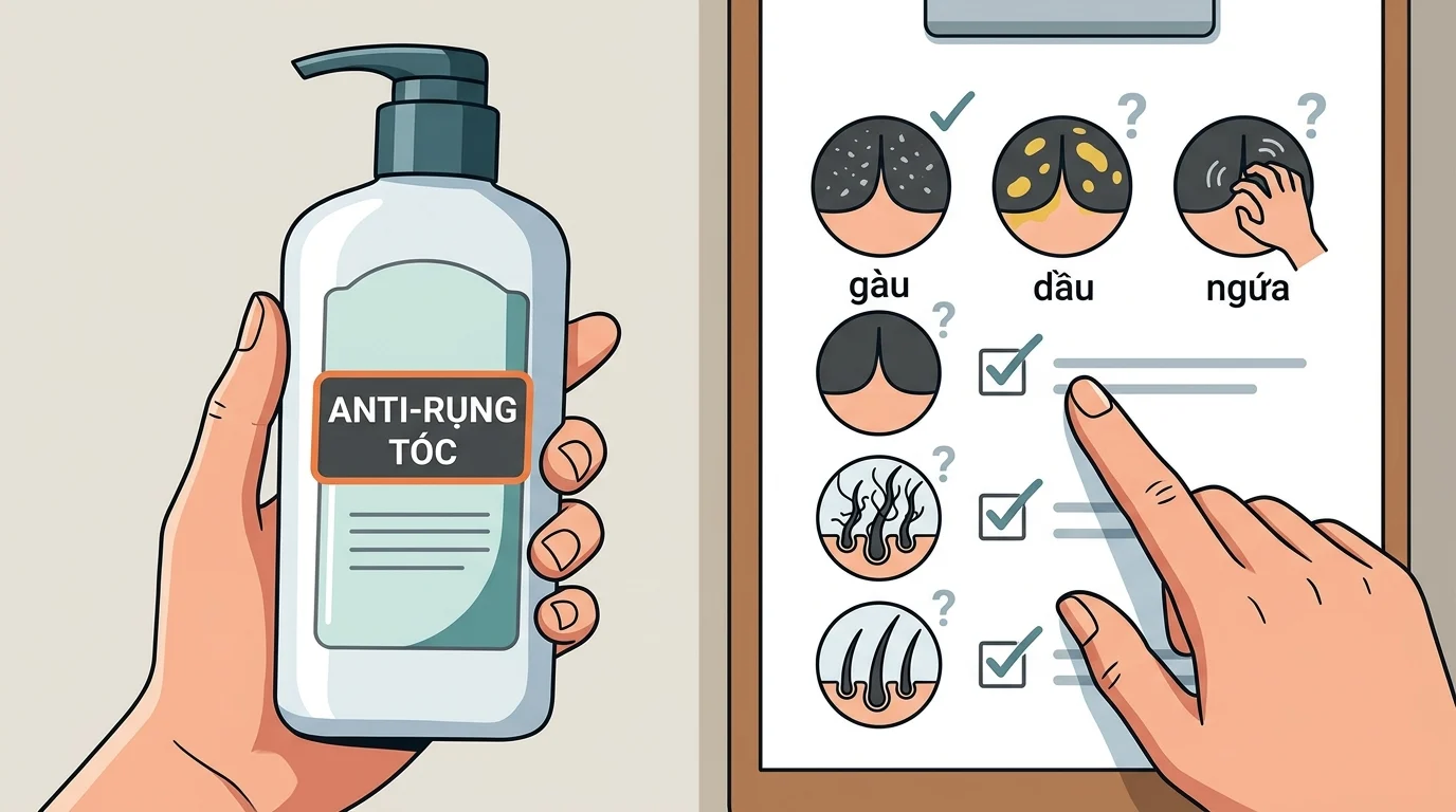 Tay cầm chai dầu gội ghi anti-rụng tóc bên cạnh bảng minh họa các tình trạng da đầu như gàu, dầu và ngứa