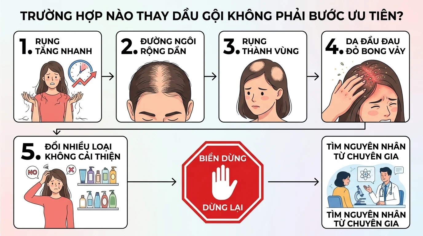 Sơ đồ các dấu hiệu rụng tóc tăng nhanh, đường ngôi rộng dần, rụng thành vùng và da đầu đỏ bong vảy.