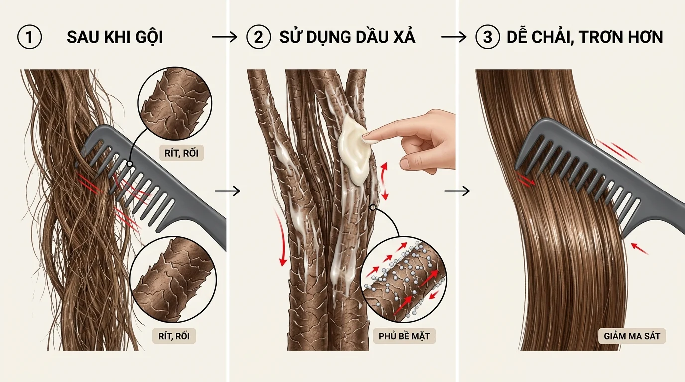 Sơ đồ so sánh tóc rít rối sau khi gội, được thoa dầu xả và trở nên trơn hơn khi chải.