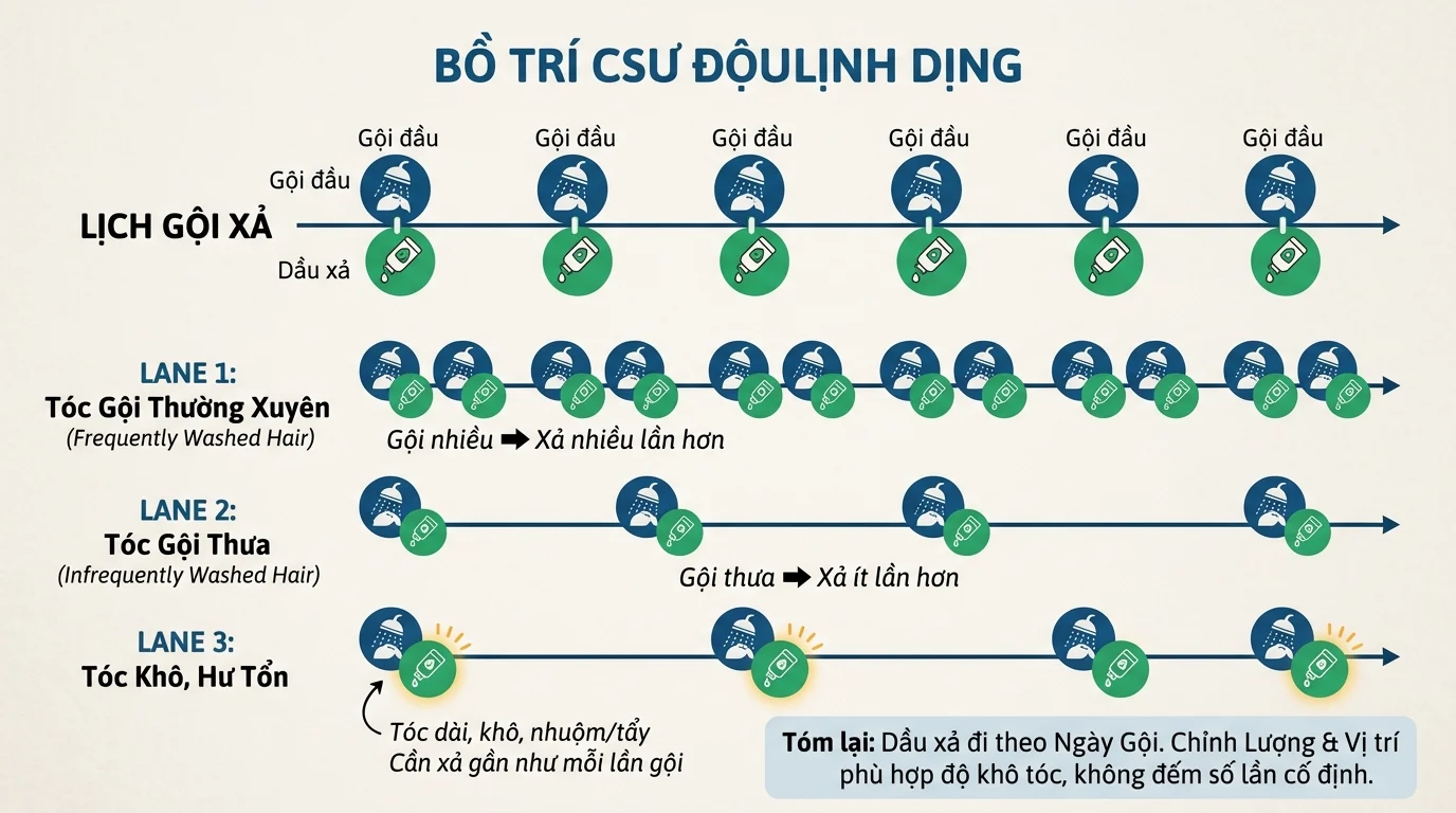 Sơ đồ lịch gội xả với các biểu tượng gội đầu và dầu xả theo từng hàng, minh họa tần suất dùng cho các kiểu tóc khác nhau.