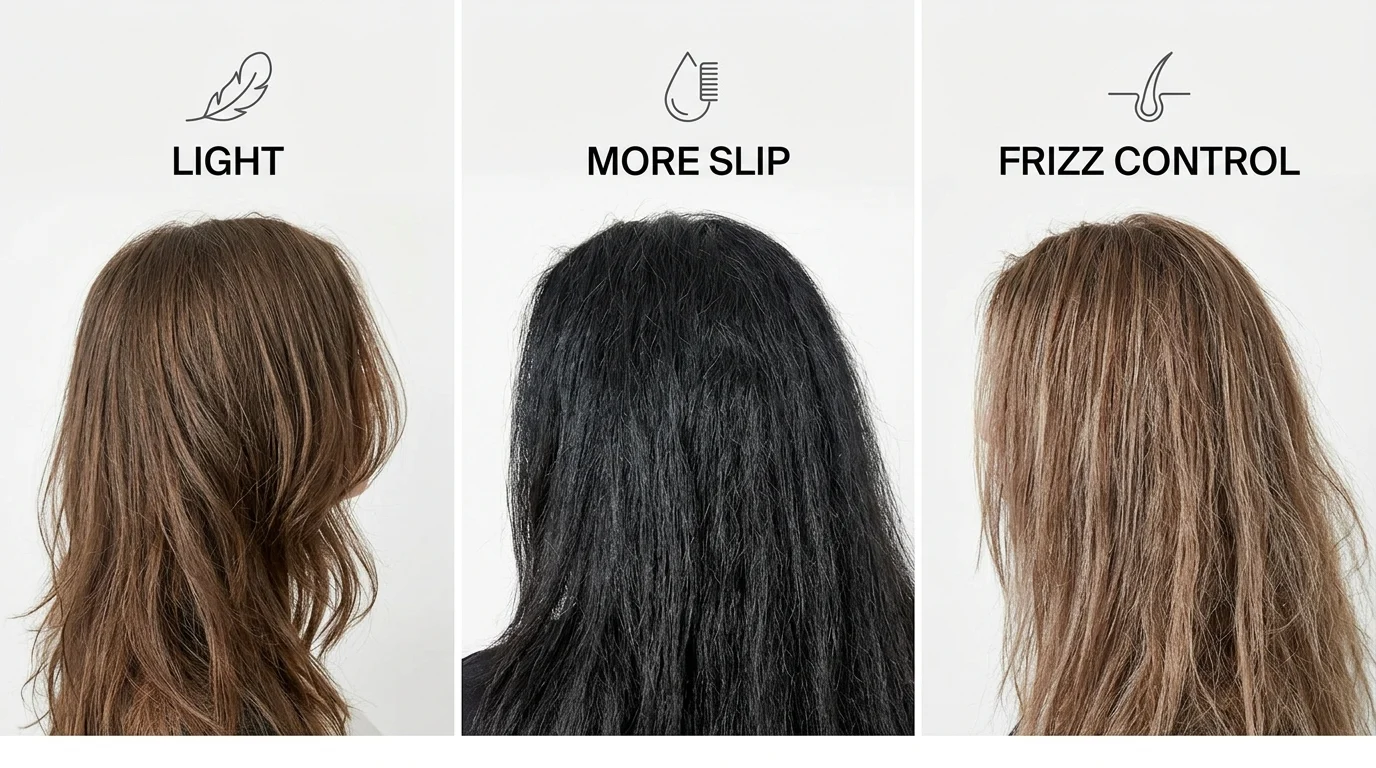 Ba kiểu tóc ở mặt sau với chữ LIGHT, MORE SLIP và FRIZZ CONTROL trên nền trắng, minh họa các mức độ tóc khác nhau.