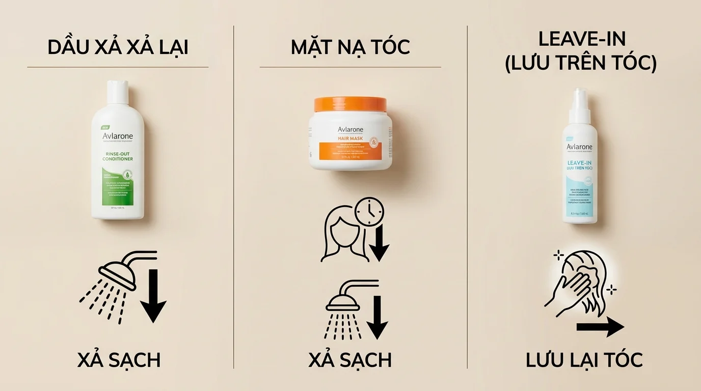 Ba sản phẩm chăm sóc tóc được chia thành dầu xả xả lại, mặt nạ tóc và leave-in lưu trên tóc, kèm biểu tượng cách dùng khác nhau.
