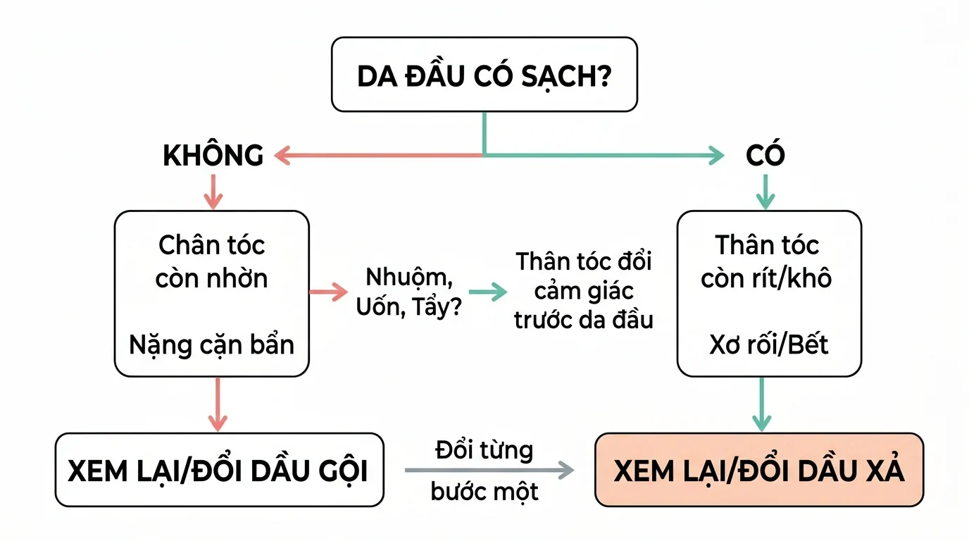 Sơ đồ tiếng Việt phân nhánh về da đầu sạch hay không, dẫn tới xem lại hoặc đổi dầu gội và xem lại hoặc đổi dầu xả.