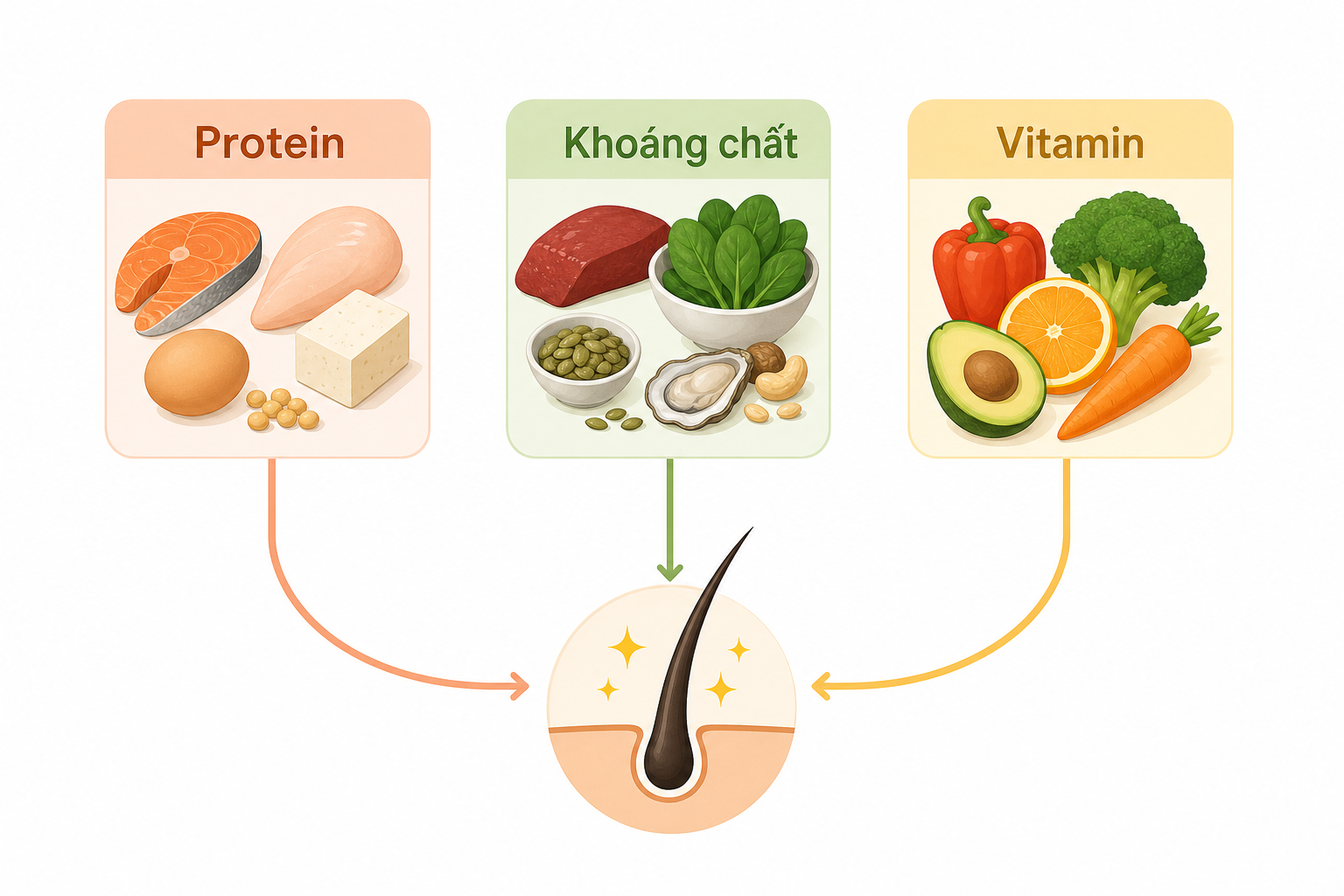 Sơ đồ các nhóm dinh dưỡng cho tóc khỏe gồm protein, khoáng chất và vitamin, với mũi tên hướng xuống nang tóc.