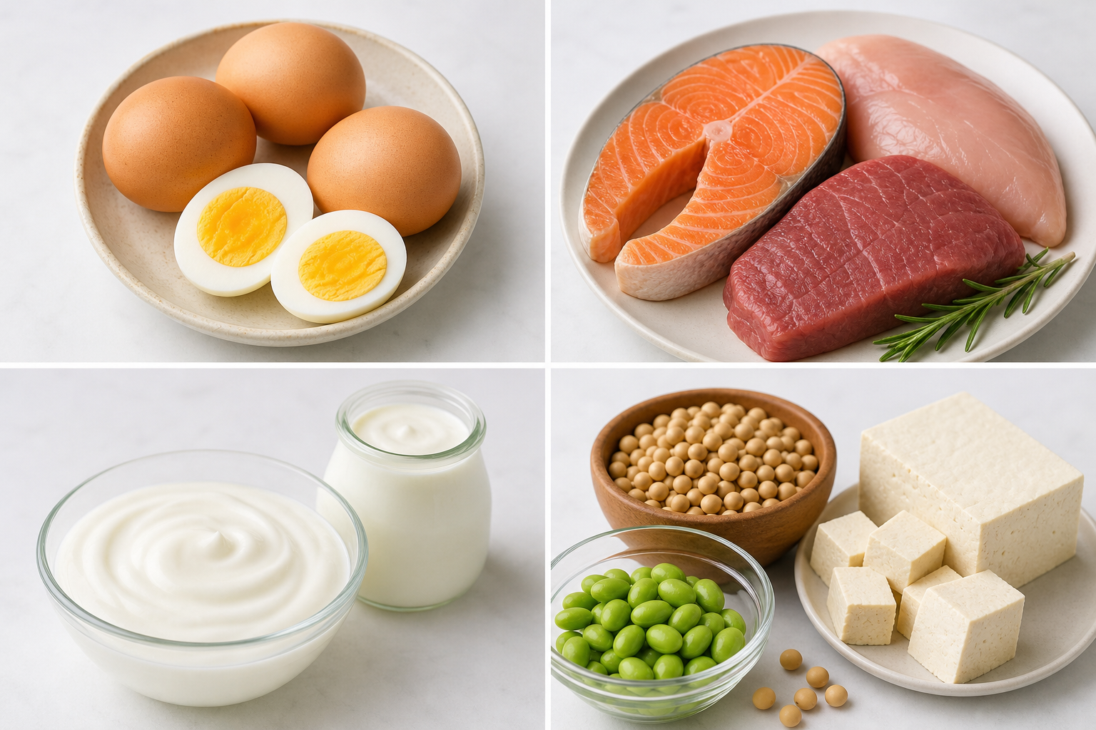 Bốn khay thực phẩm giàu protein gồm trứng, cá và thịt, sữa chua với sữa, cùng đậu nành và đậu phụ trên nền sáng.