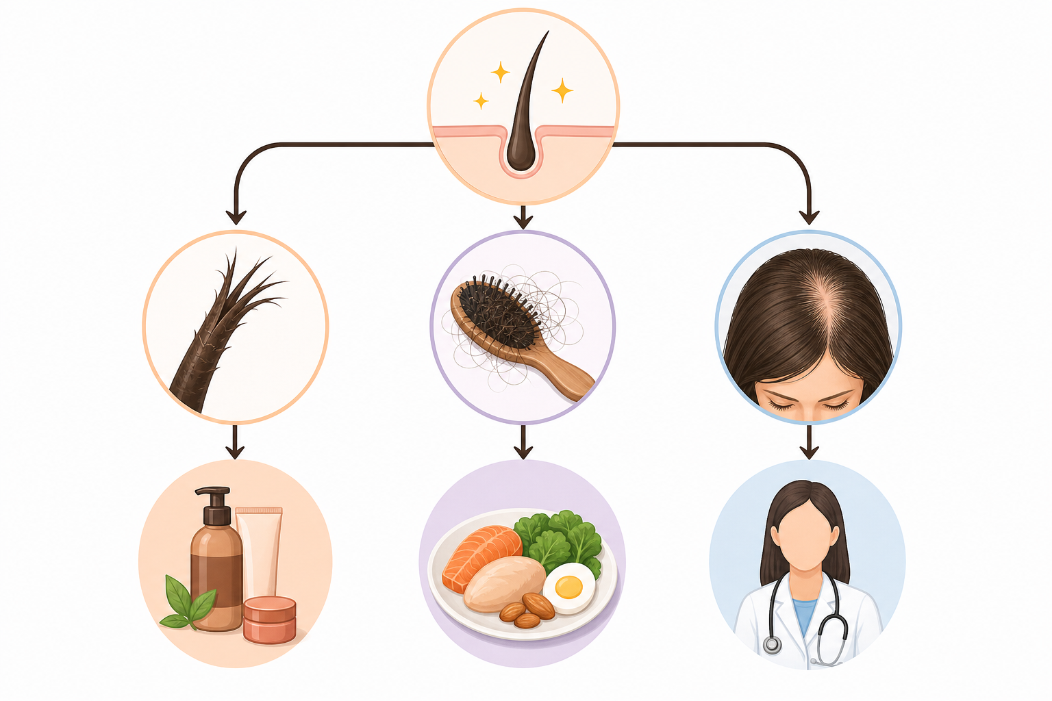 Sơ đồ về tóc và chăm sóc tóc, với hình tóc, lược nhiều tóc rụng, bữa ăn và bác sĩ trong các vòng tròn nối nhau