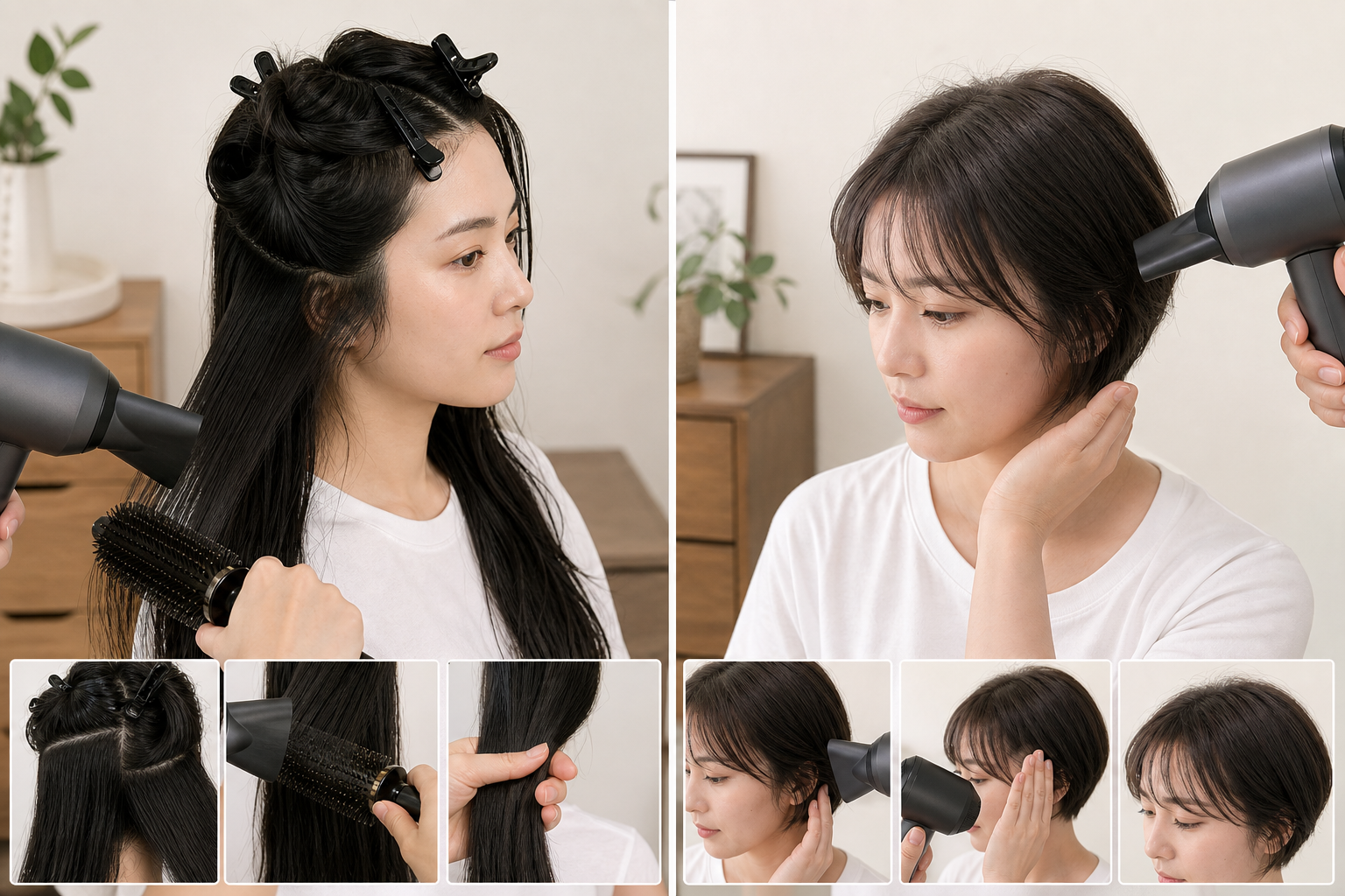Người phụ nữ đang sấy tóc bằng máy sấy tóc, một bên tóc dài được kẹp và chải, bên kia tóc ngắn ôm sát đầu.
