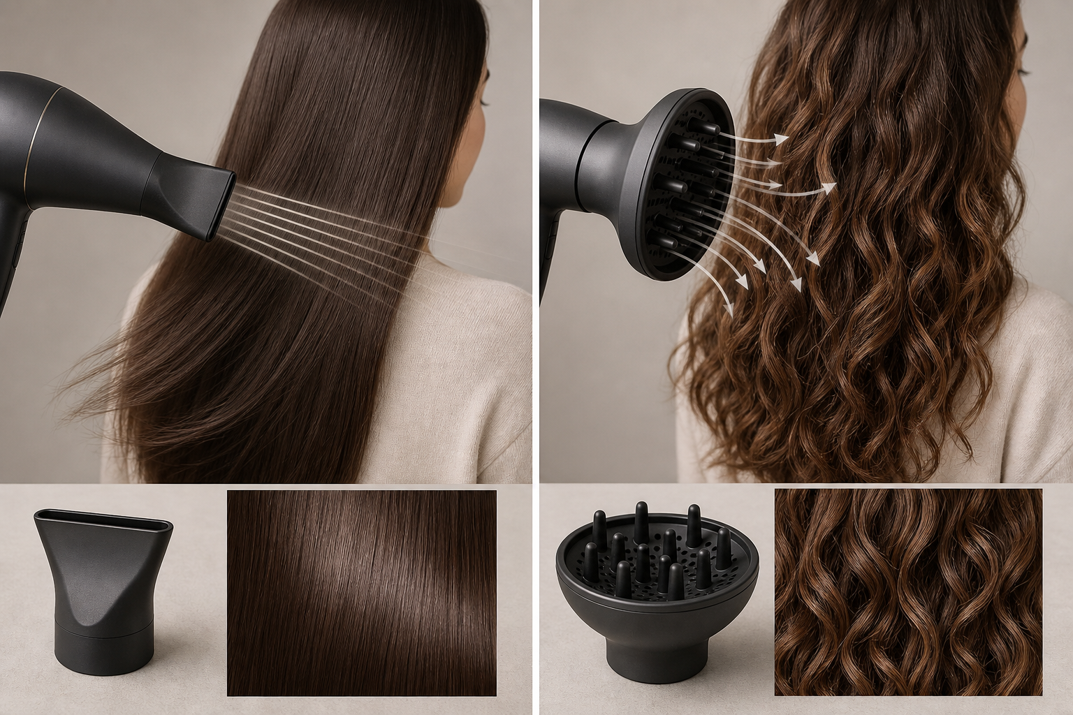 Máy sấy tóc với đầu sấy tập trung thổi luồng gió vào tóc thẳng, bên cạnh là đầu diffuser thổi vào tóc xoăn.