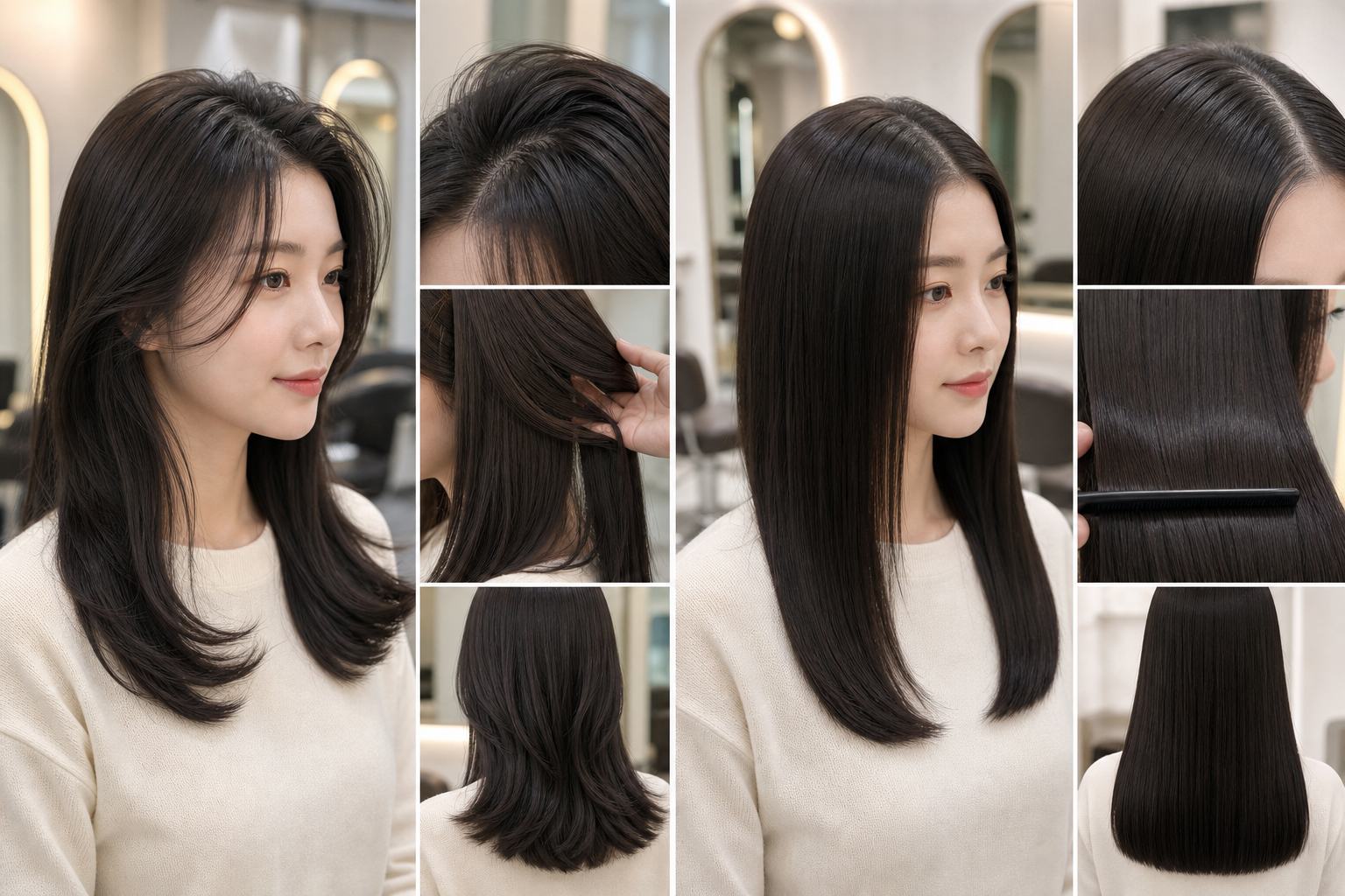 Người phụ nữ tóc đen trong salon với hai kiểu tóc thẳng khác nhau, một bên mềm rơi tự nhiên và một bên ép thẳng hơn.