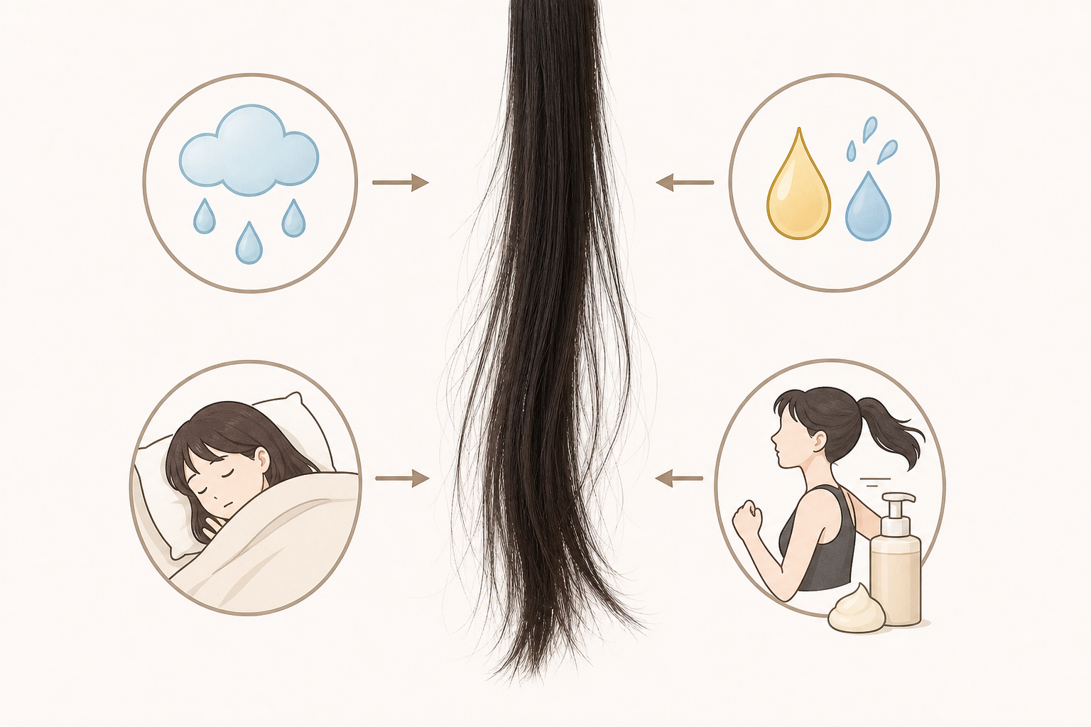Tóc dài thẳng ở giữa, xung quanh là các biểu tượng mưa, giọt nước, ngủ và tập luyện kèm chai sản phẩm chăm tóc