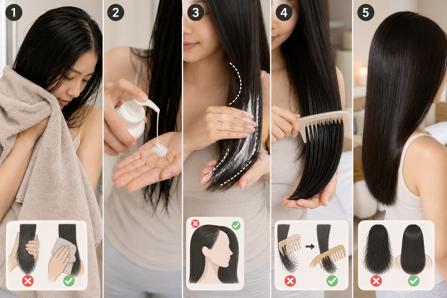 Người phụ nữ lau tóc ướt bằng khăn, thoa sản phẩm dưỡng lên tóc và chải suôn tóc thẳng trong phòng ngủ.
