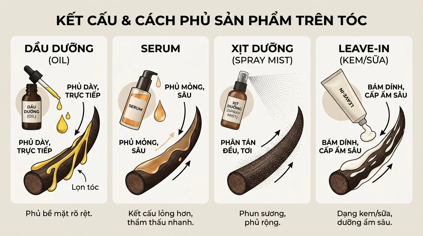 Bốn dạng sản phẩm dưỡng tóc được minh họa trên lọn tóc: dầu dưỡng, serum, xịt dưỡng và leave-in với cách phủ khác nhau.