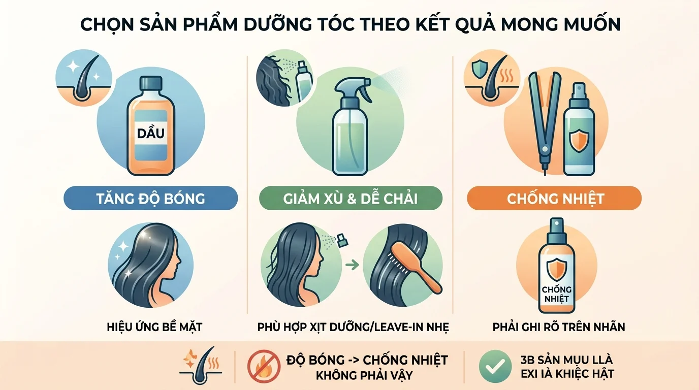 Infographic về dưỡng tóc với ba lựa chọn dầu, xịt và sản phẩm chống nhiệt, kèm biểu tượng tóc và chai sản phẩm