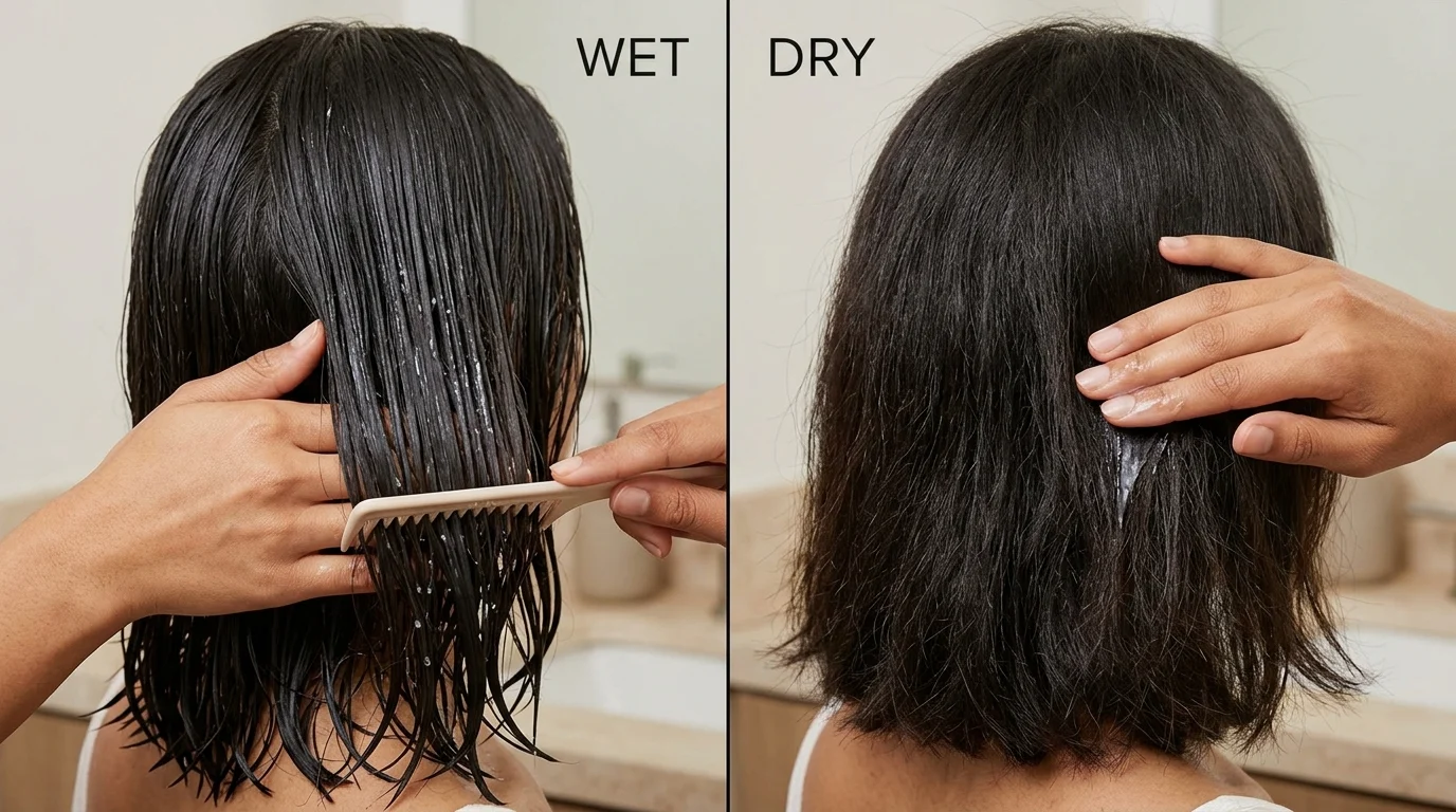 Tóc được chia đôi để so sánh khi chải và dưỡng tóc lúc còn ẩm với lúc đã khô, bên cạnh bàn tay và lược.