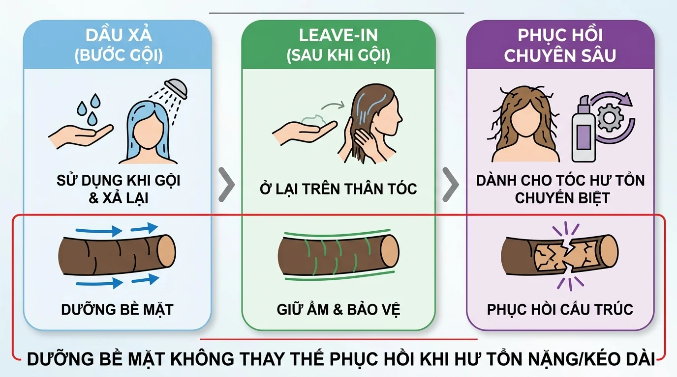 Sơ đồ ba ô về dầu xả, leave-in và phục hồi chuyên sâu, với minh họa dưỡng bề mặt tóc, giữ ẩm và phục hồi cấu trúc.