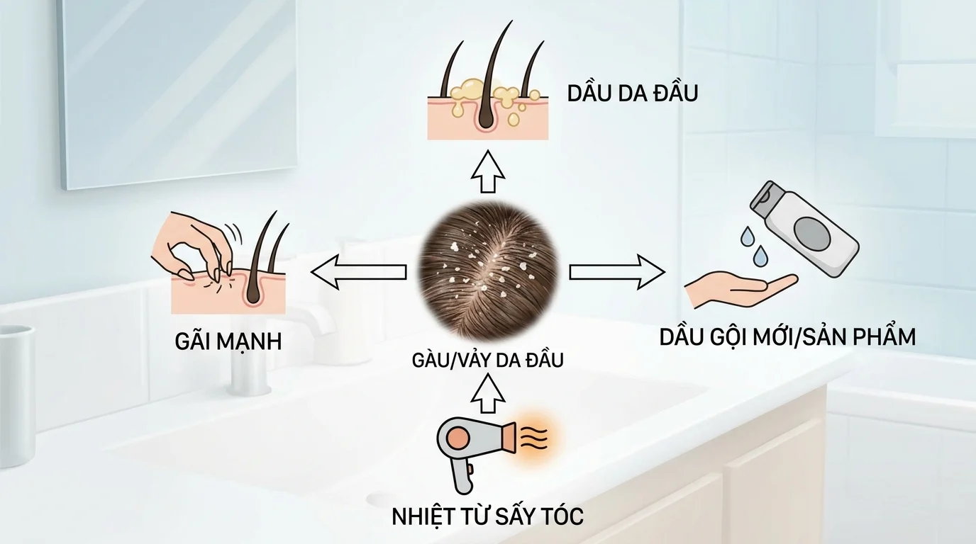 Sơ đồ về gàu và vảy da đầu, xung quanh có các yếu tố như dầu da đầu, gãi mạnh, dầu gội mới và nhiệt từ sấy tóc.