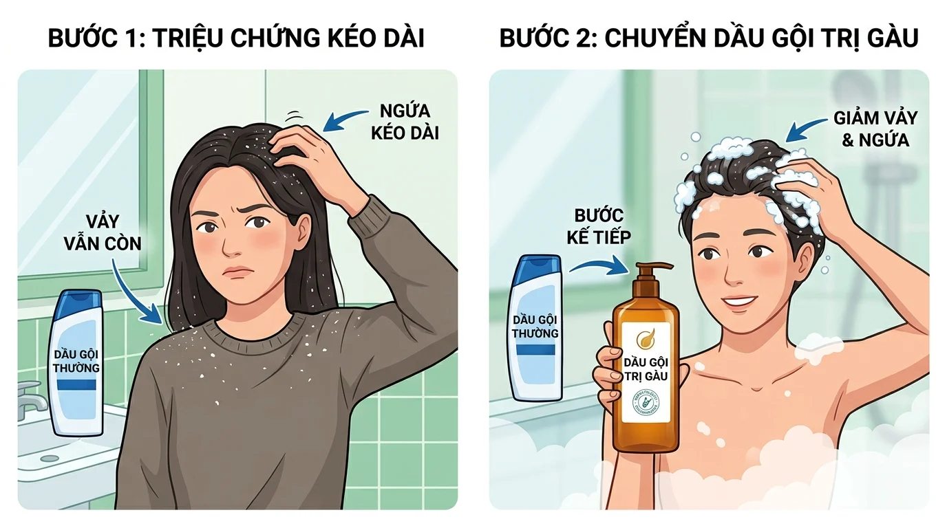 Người phụ nữ gãi đầu trong phòng tắm, có vảy trắng trên tóc và trên áo, cạnh chai dầu gội thường.