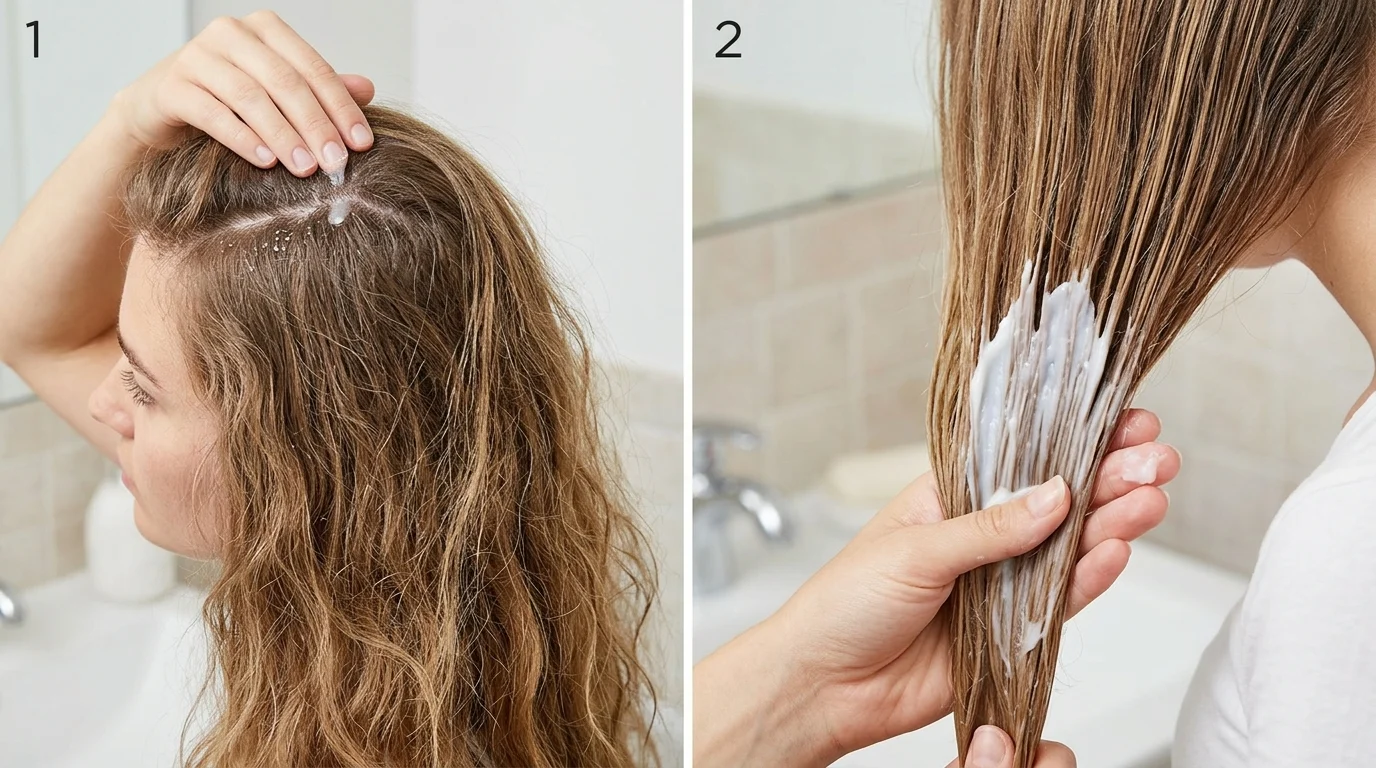 Người phụ nữ đang vạch tóc trên da đầu có vài vảy trắng, bên cạnh là mái tóc được thoa kem ở phần thân tóc.
