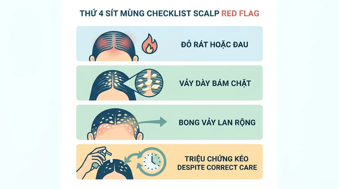 Biểu đồ checklist về gàu với các dấu hiệu trên da đầu như đỏ rát, vảy dày bám chặt, bong vảy lan rộng và triệu chứng kéo dài.