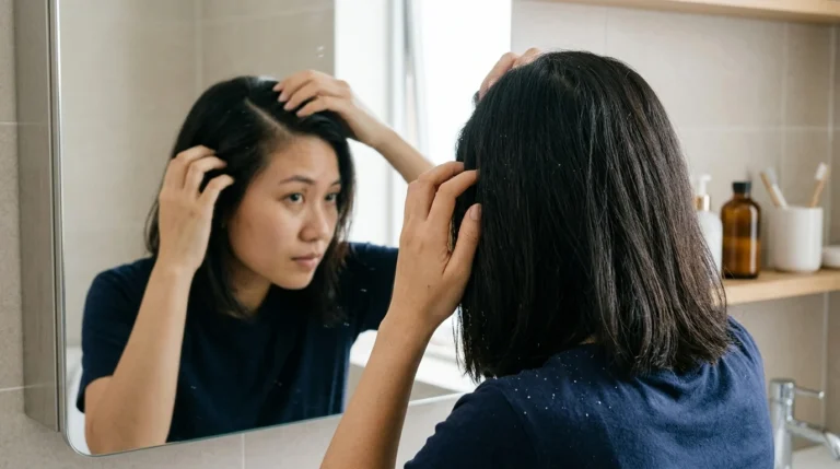 Người phụ nữ soi gương và dùng tay vạch tóc để kiểm tra da đầu trong phòng tắm.