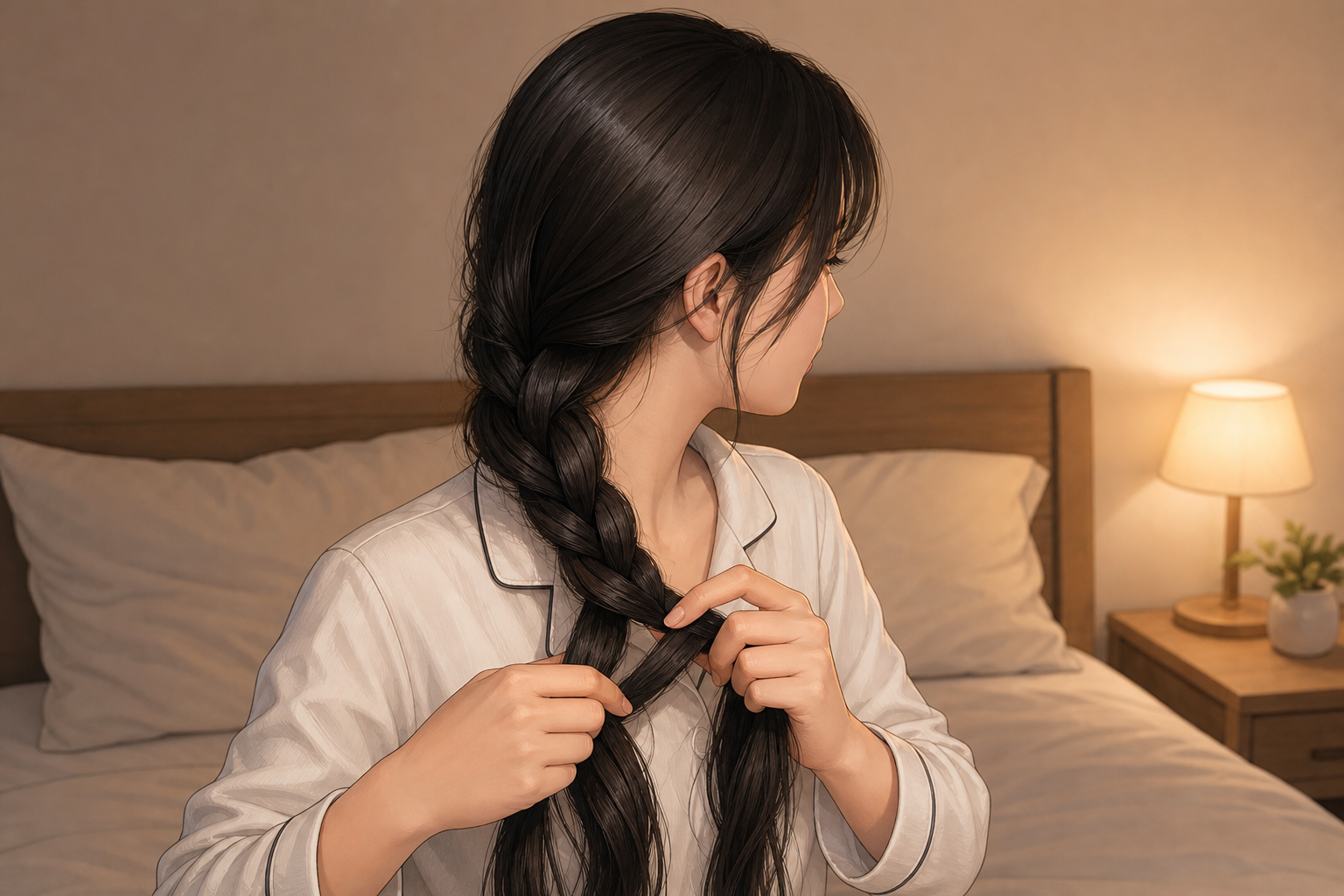 Người phụ nữ đang tết tóc lỏng thành một bím dài trên giường trong phòng ngủ, gợi ý cách giữ nếp tóc xoăn khi đi ngủ.