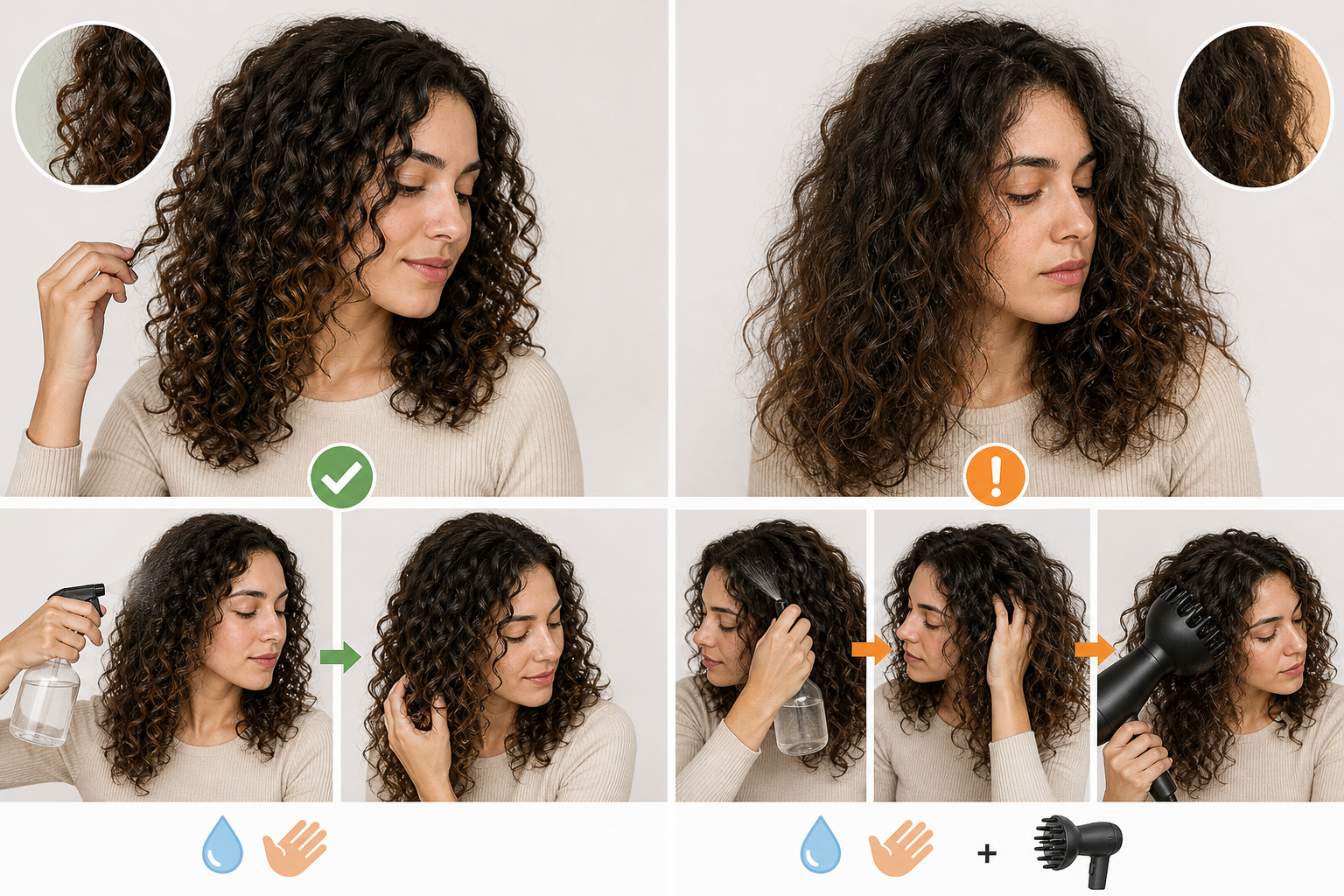 Người phụ nữ tóc xoăn đang xem lại độ bồng của tóc, với các khung cho thấy xịt nước, vuốt tay và dùng máy sấy để chỉnh tóc.