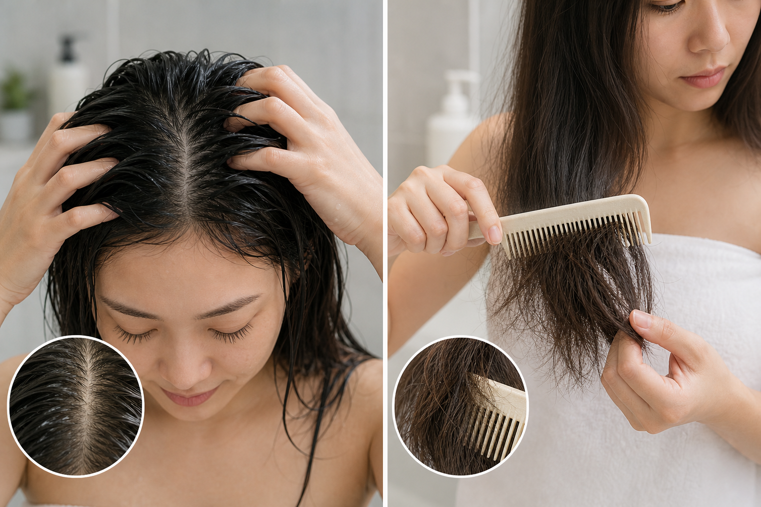 Người phụ nữ đang chải và nâng tóc ướt, cho thấy da đầu và phần tóc bị rối trong phòng tắm.