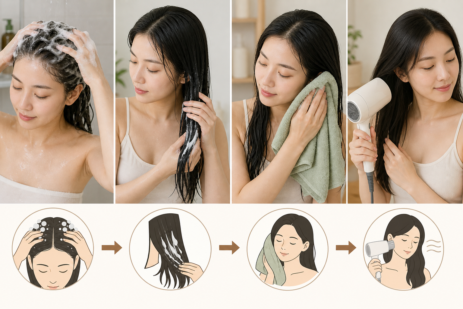 Người phụ nữ gội đầu, xả tóc, lau khô bằng khăn và sấy tóc theo từng bước chăm sóc tóc mềm mượt.